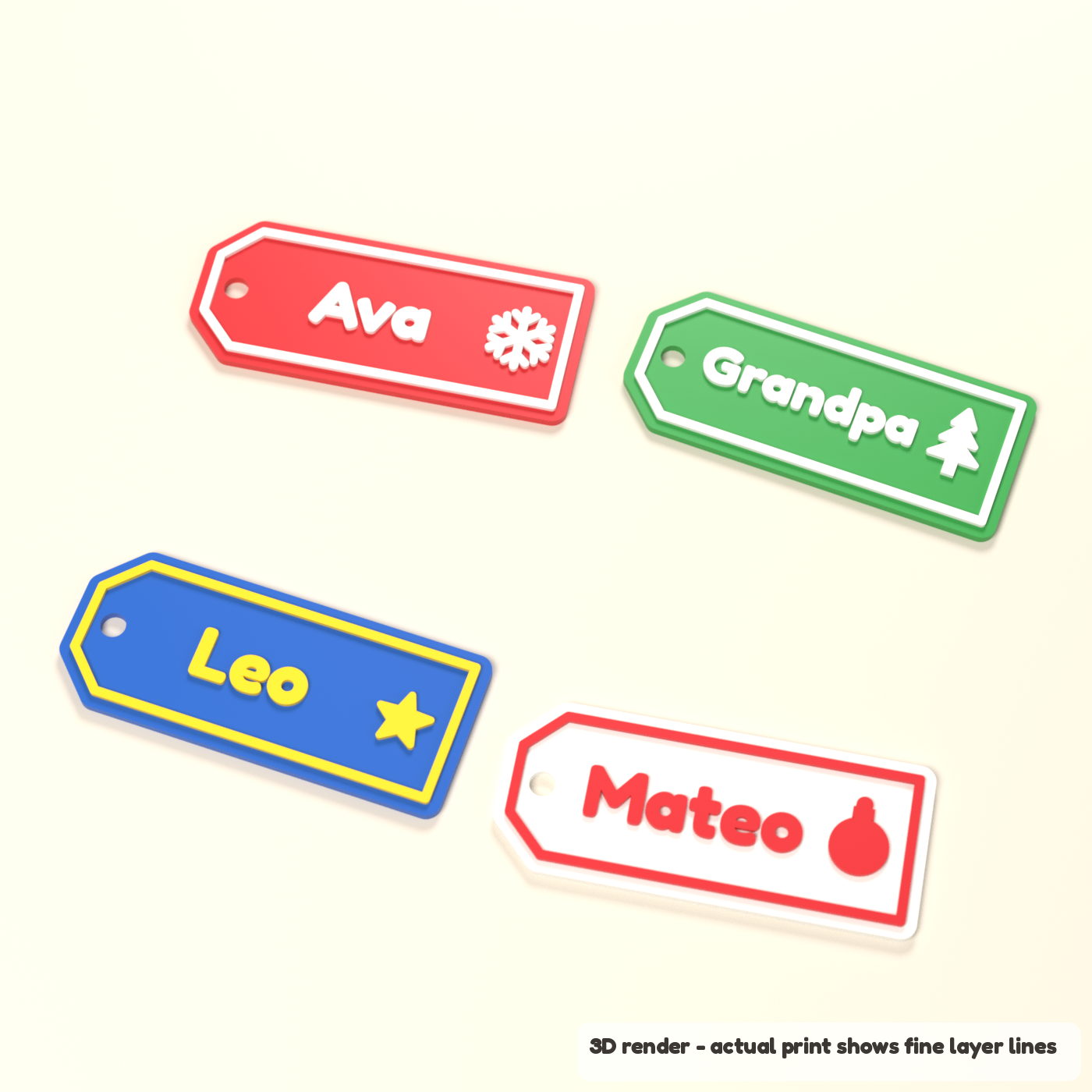 Personalized Christmas Gift Tags - Set of 4 (3D render of the print file)