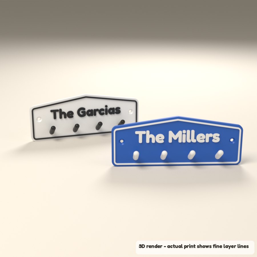 Personalized Family Name Key Holder for Wall - 4 Hooks (3D render)