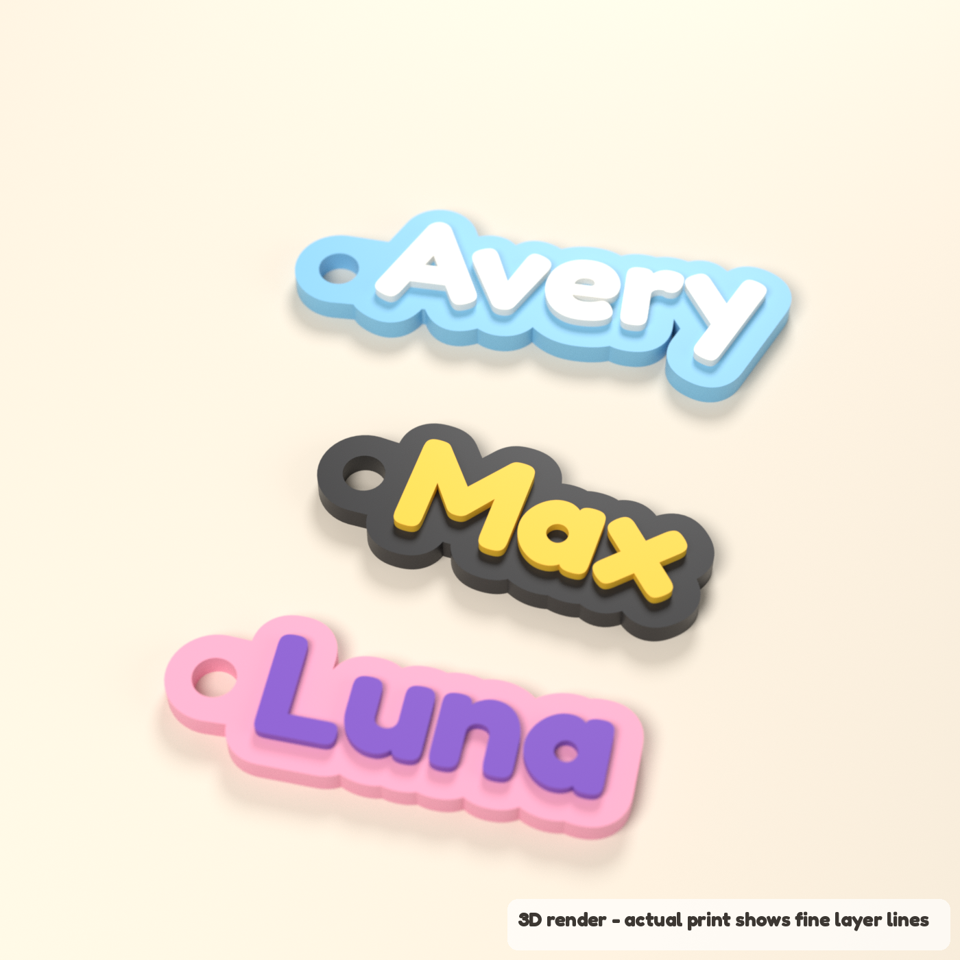Custom Name Keychain - Two-Color Bubble Letters (3D render of the print file)