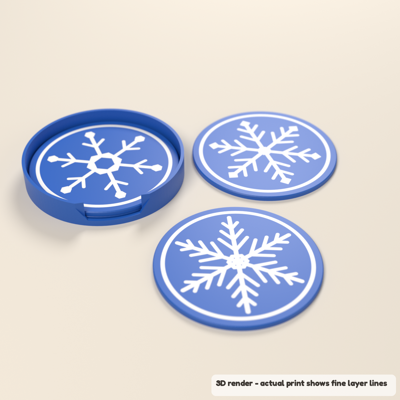 Snowflake Coasters - Set of 4 with Holder (3D render of the print file)