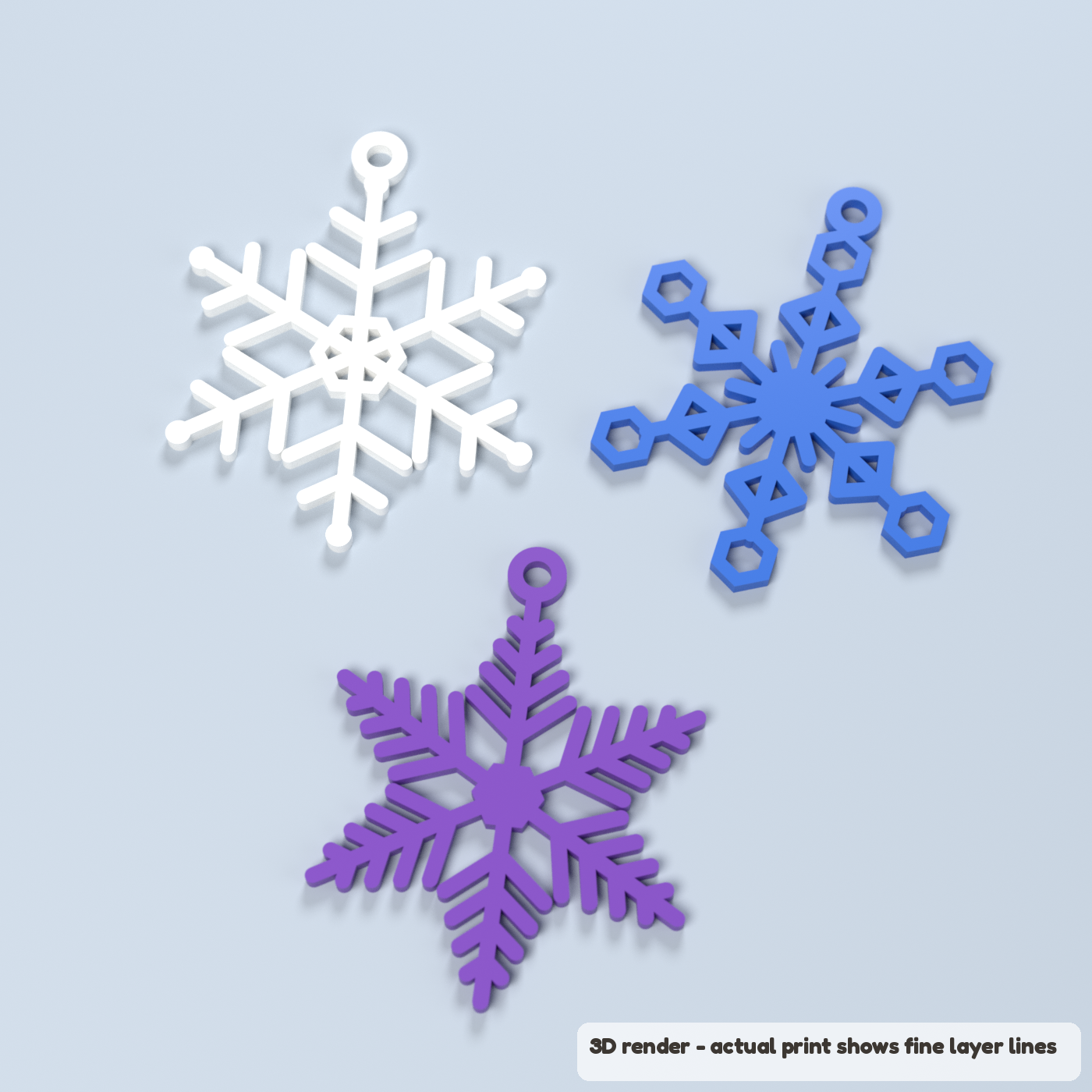 Geometric Snowflake Ornaments - Set of 3 (3D render of the print file)