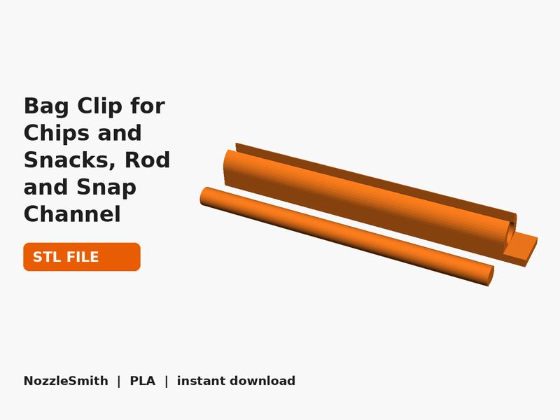Bag Clip for Chips and Snacks, Rod and Snap Channel STL file (3D render)