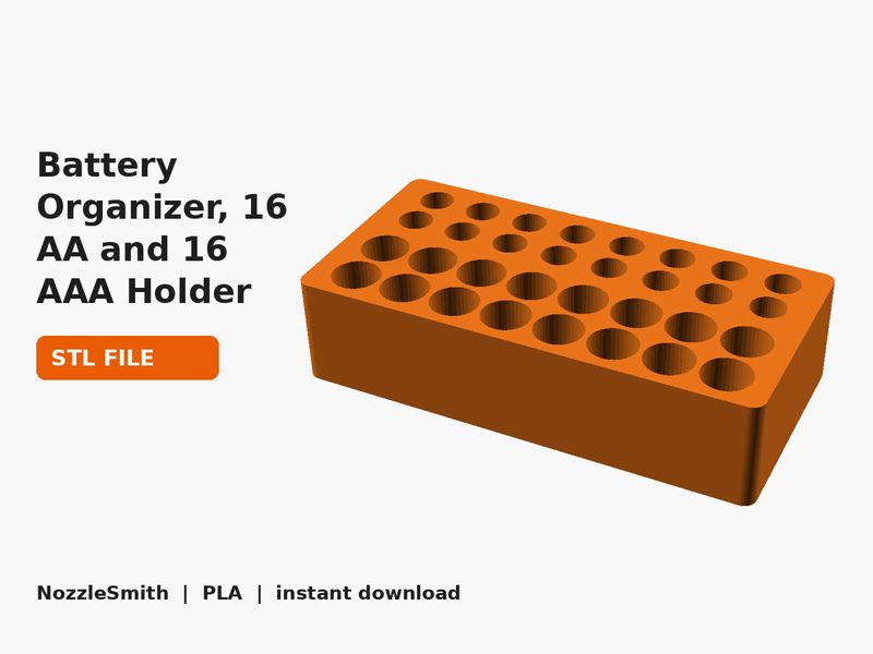 Battery Organizer, 16 AA and 16 AAA Holder STL file (3D render)