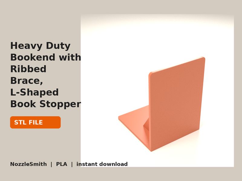 Heavy Duty Bookend, L-Shaped Book Stopper with Ribs STL file (3D render)
