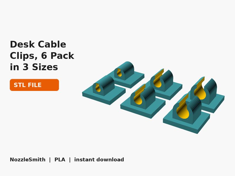 Desk Cable Clips, 6 Pack in 3 Sizes (3D render of the STL file)