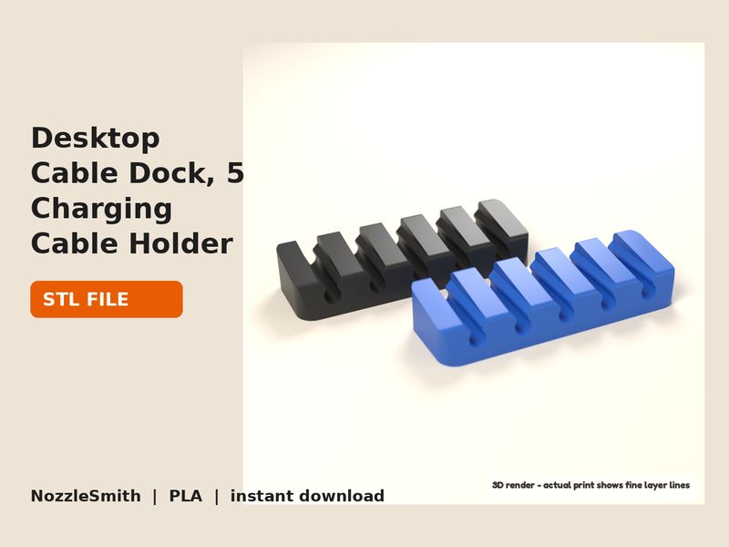 Desktop Cable Dock, 5 Charging Cable Holder STL file (3D render)