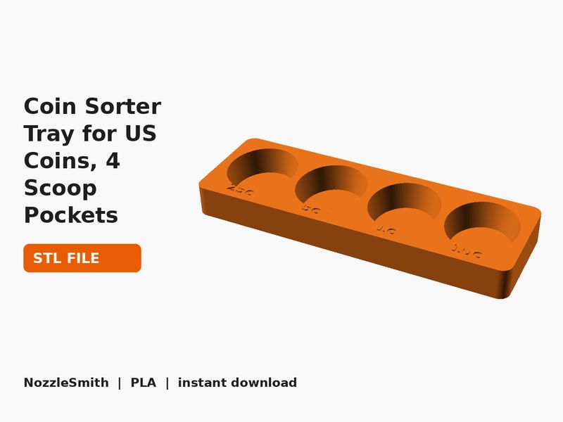 Coin Sorter Tray for US Coins, 4 Scoop Pockets STL file (3D render)