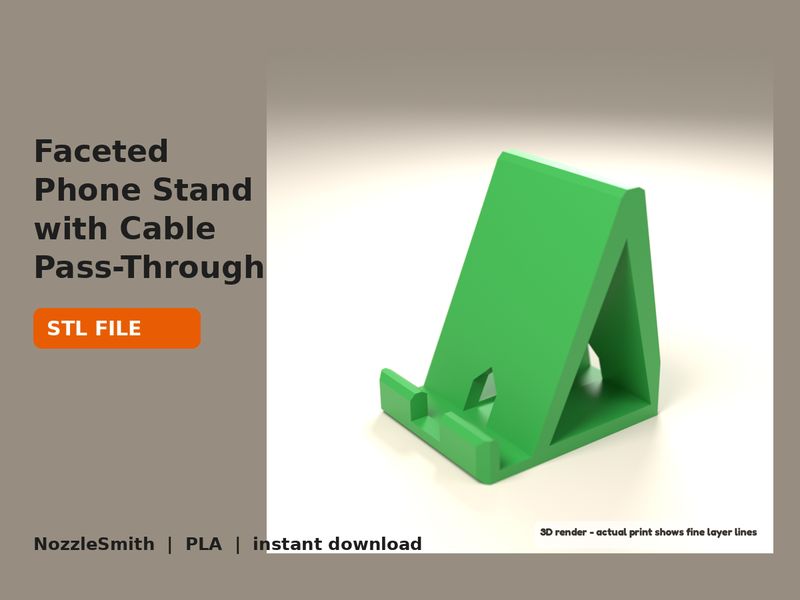 Faceted Phone Stand with Cable Pass-Through STL file (3D render)