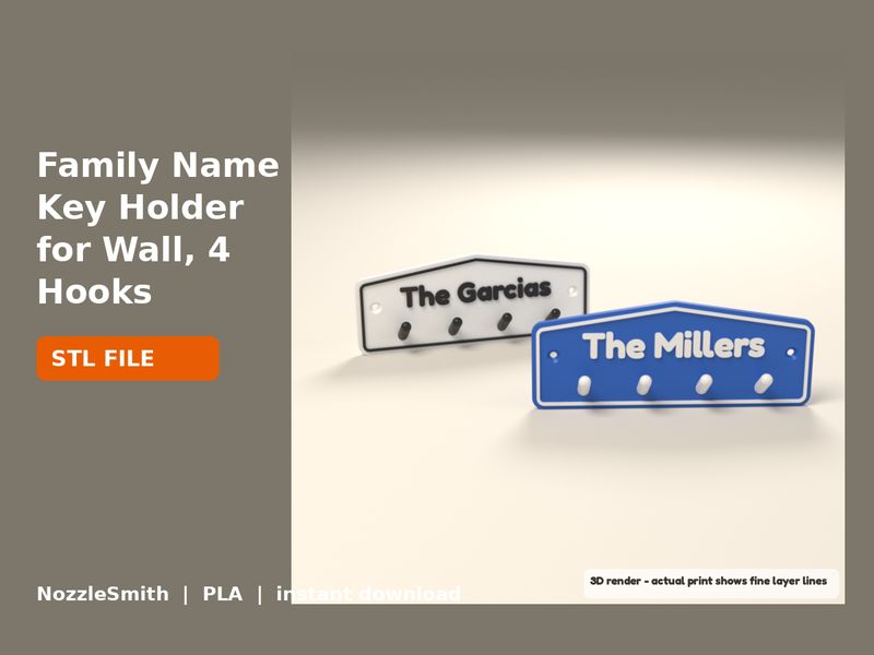 Family Name Key Holder for Wall, 4 Hooks STL file (3D render)
