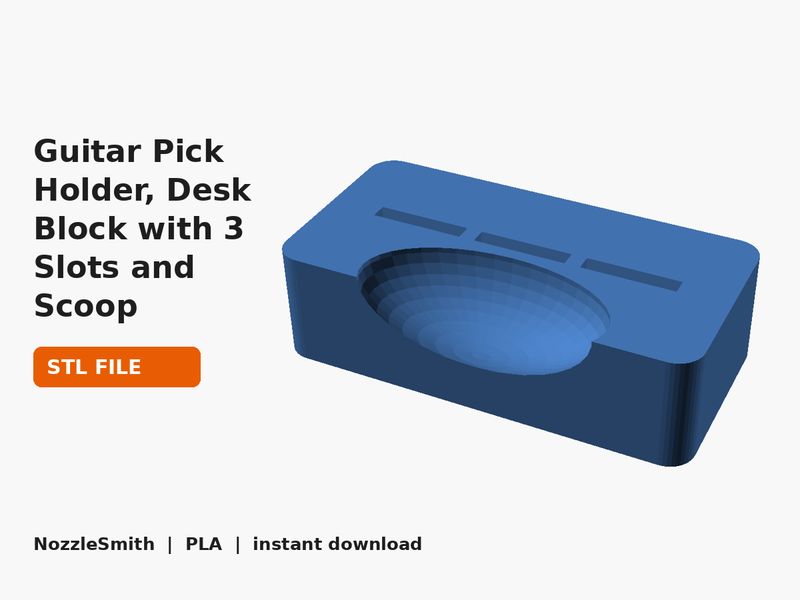 Guitar Pick Holder, Desk Block with 3 Slots and Scoop STL file (3D render)