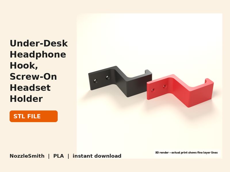 Under-Desk Headphone Hook, Screw-On Headset Holder STL file (3D render)