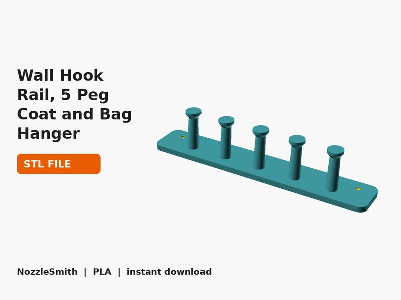 Wall Hook Rail, 5 Peg Coat and Bag Hanger (3D render of the STL file)