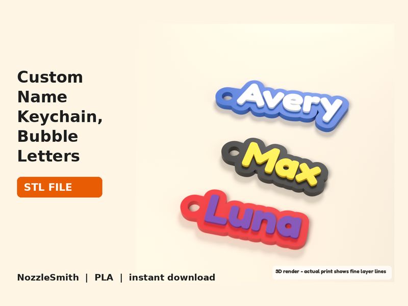 Custom Name Keychain, Bubble Letters STL file (3D render)