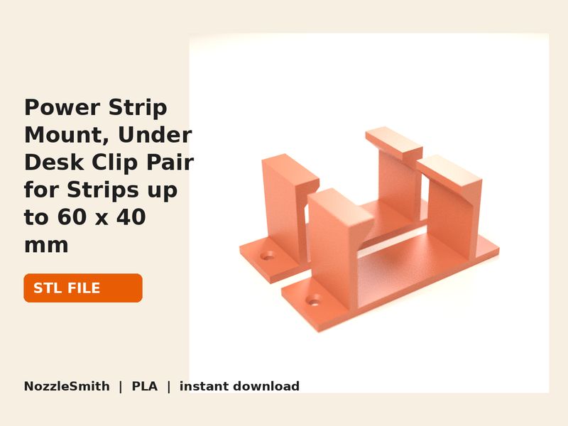 Power Strip Mount, Under Desk Clip Pair STL file (3D render)