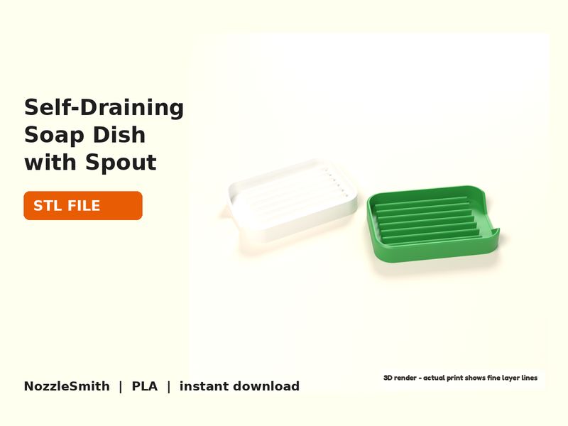Self-Draining Soap Dish with Spout STL file (3D render)