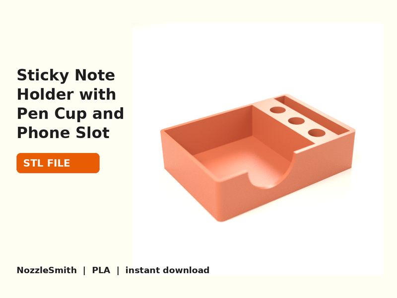 Sticky Note Holder with Pen Cup and Phone Slot STL file (3D render)