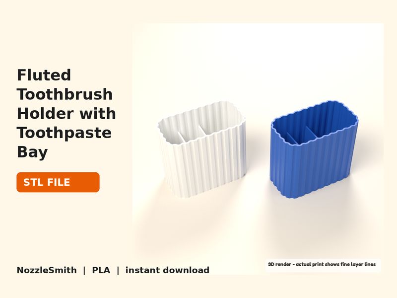 Fluted Toothbrush Holder with Toothpaste Bay STL file (3D render)