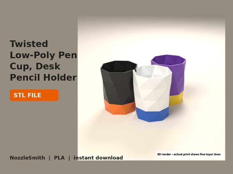 Twisted Low-Poly Pen Cup, Desk Pencil Holder STL file (3D render)