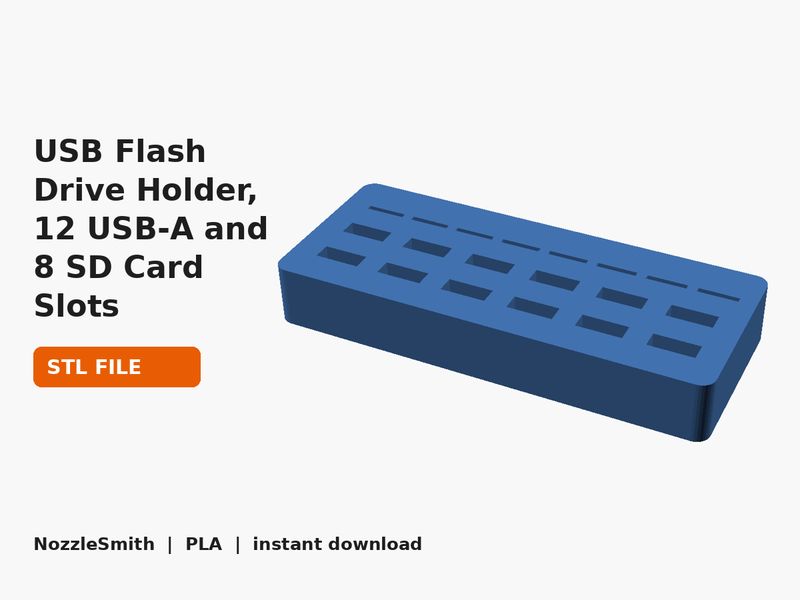 USB Flash Drive Holder, 12 USB-A and 8 SD Card Slots STL file (3D render)