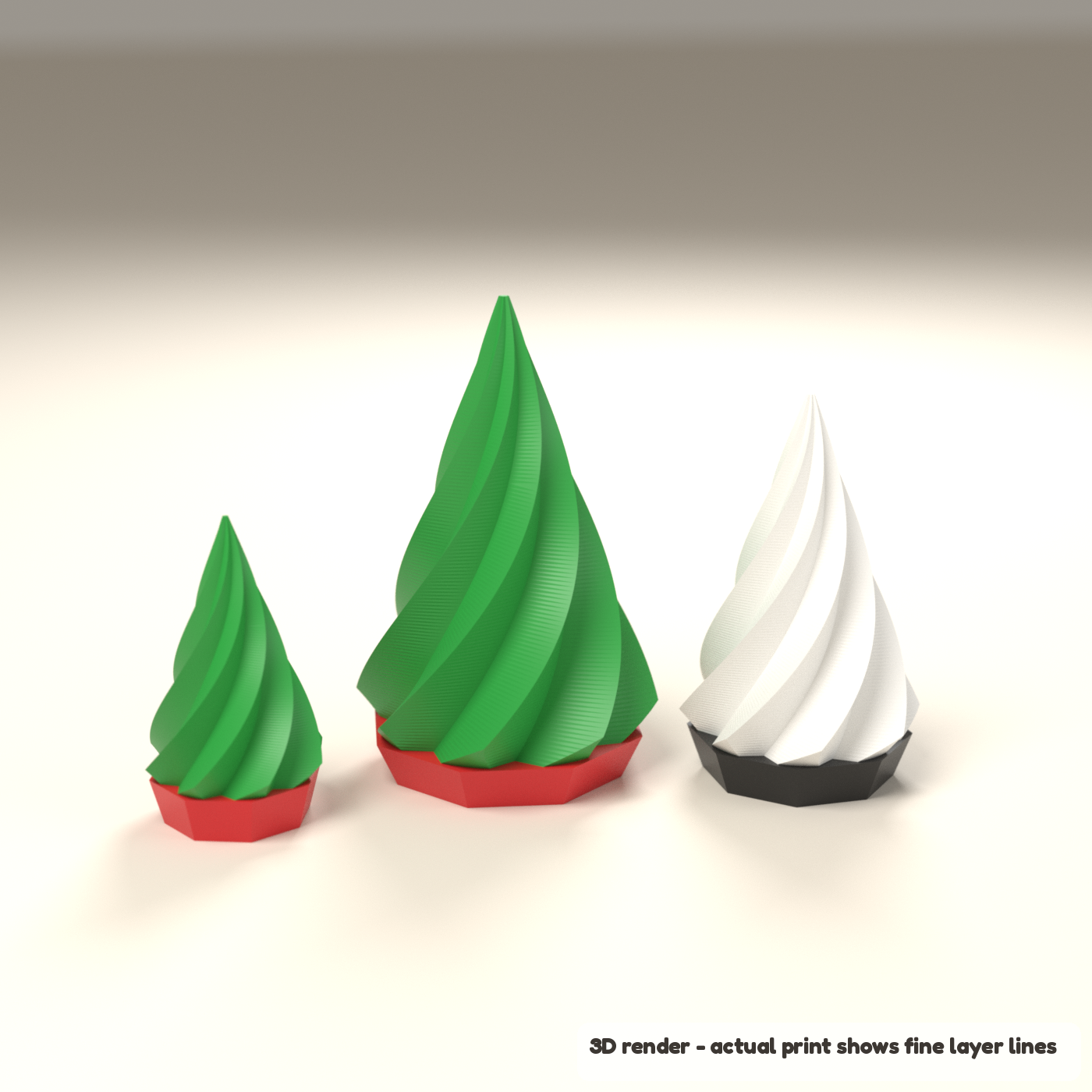 Twisted Christmas Tree Trio - Set of 3 Modern Desk Trees (3D render of the print file)